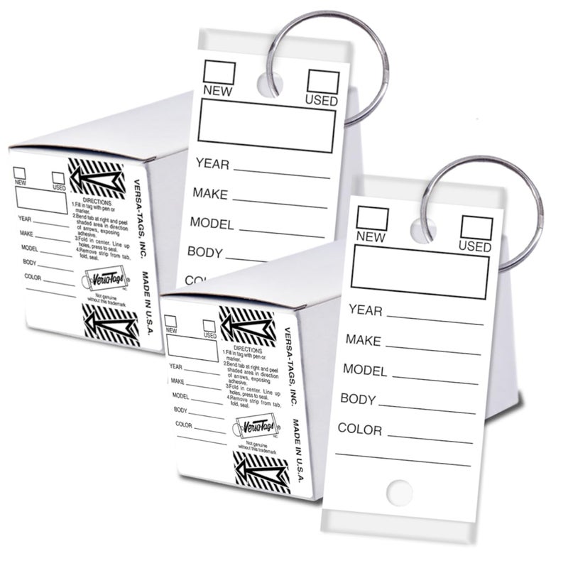 Versa-Tags Two Packs of 250 Dealership Key Tags Bulk - Genuine Versa-tag Key Tags, Self-Protecting, 2 Boxes,Car Key Tags with Ring Included, Automotive Repair Shop Key Tags (White) - Image 1